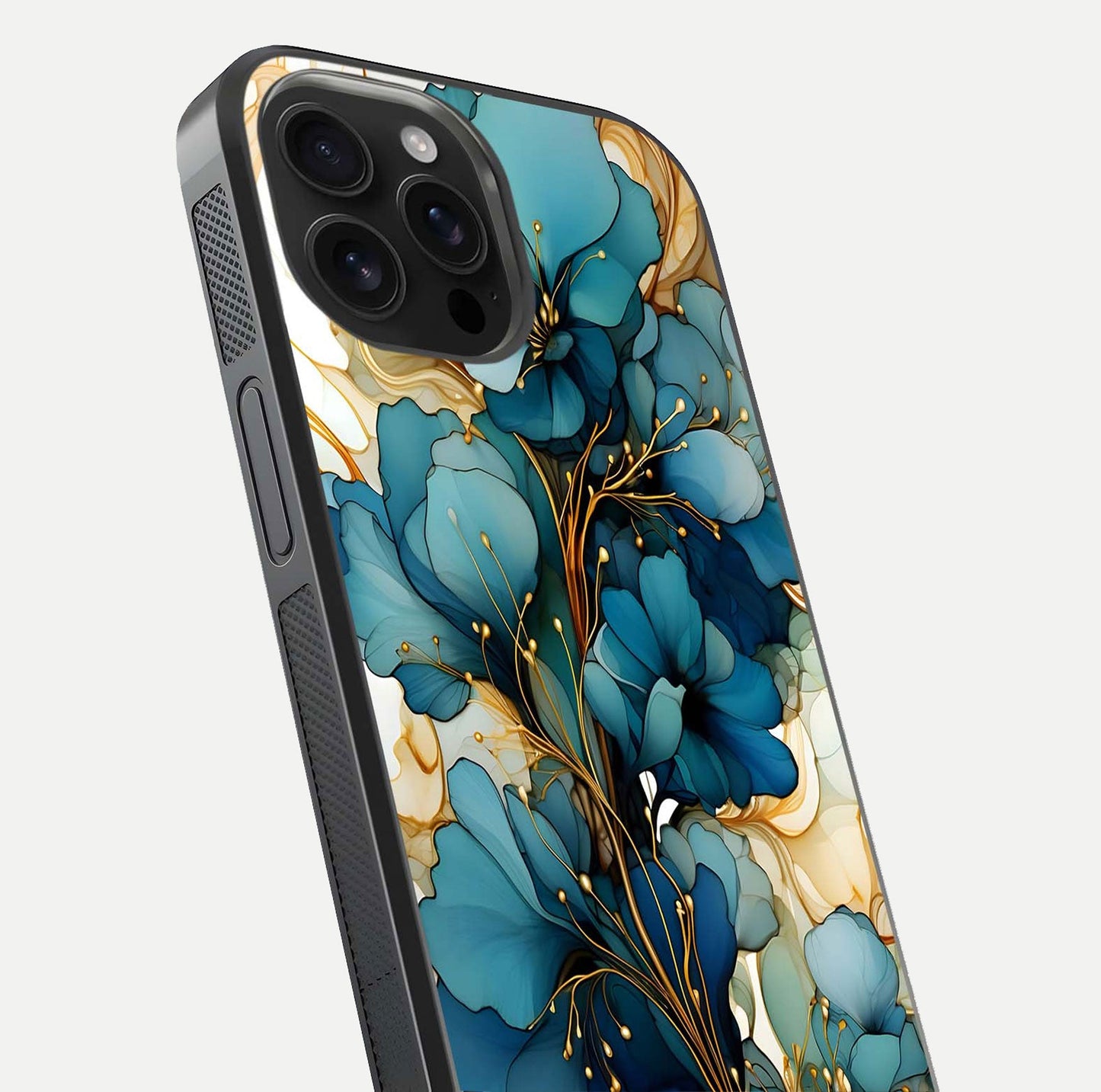 Golden Bloom Symphony Glass Case for iPhone 16 Pro Max close-up angled shot showing detailed petals and metallic gold reflection