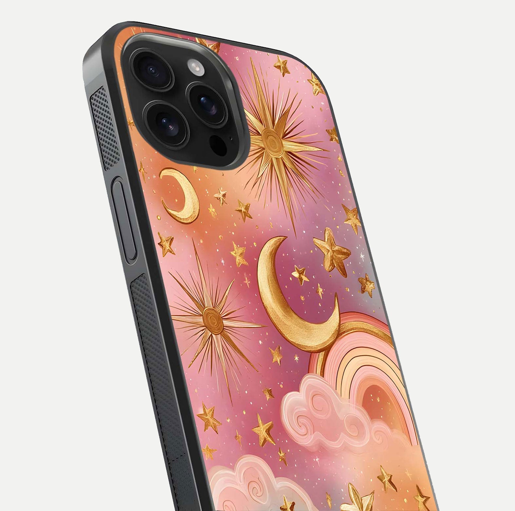 Golden Celestial Dreams Glass Case for iPhone 16 Pro Max close-up angled shot showing cosmic gold tones and reflection shine