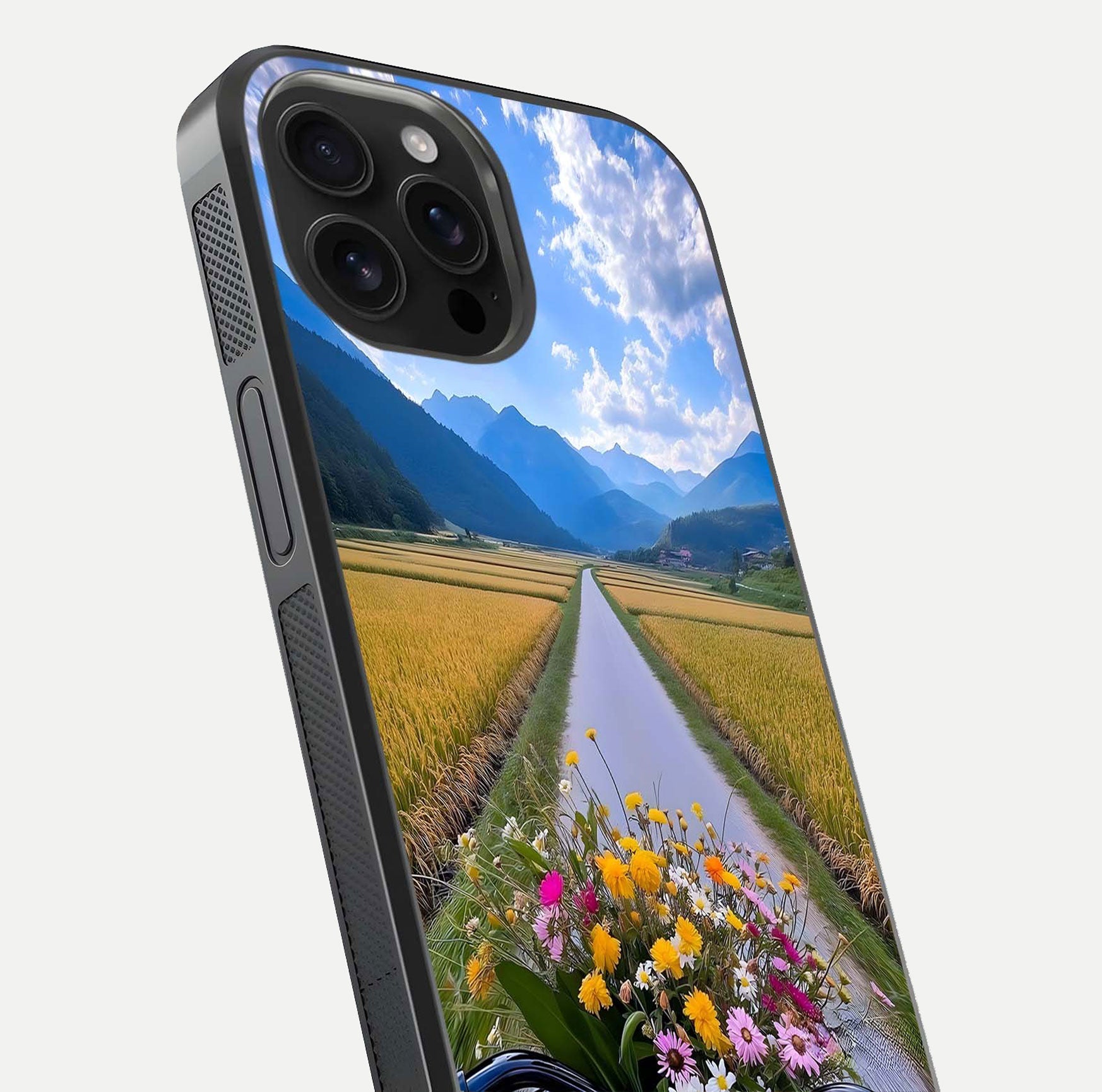 Golden Field Journey Glass Case for iPhone 16 Pro Max close-up angled shot showing sunlight tones and reflection clarity