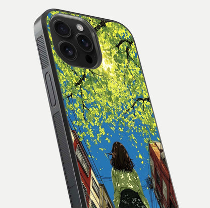 Golden Leaves Glow Glass Case for iPhone 16 Pro Max close-up angled shot showing fine leaf texture and reflection shine