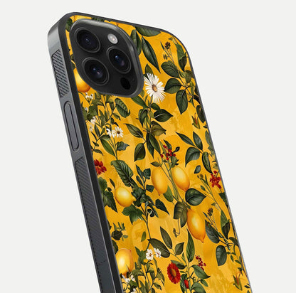 Golden Lemon Field Glass Case for iPhone 16 Pro Max close-up angled shot showing citrus texture and reflection brilliance