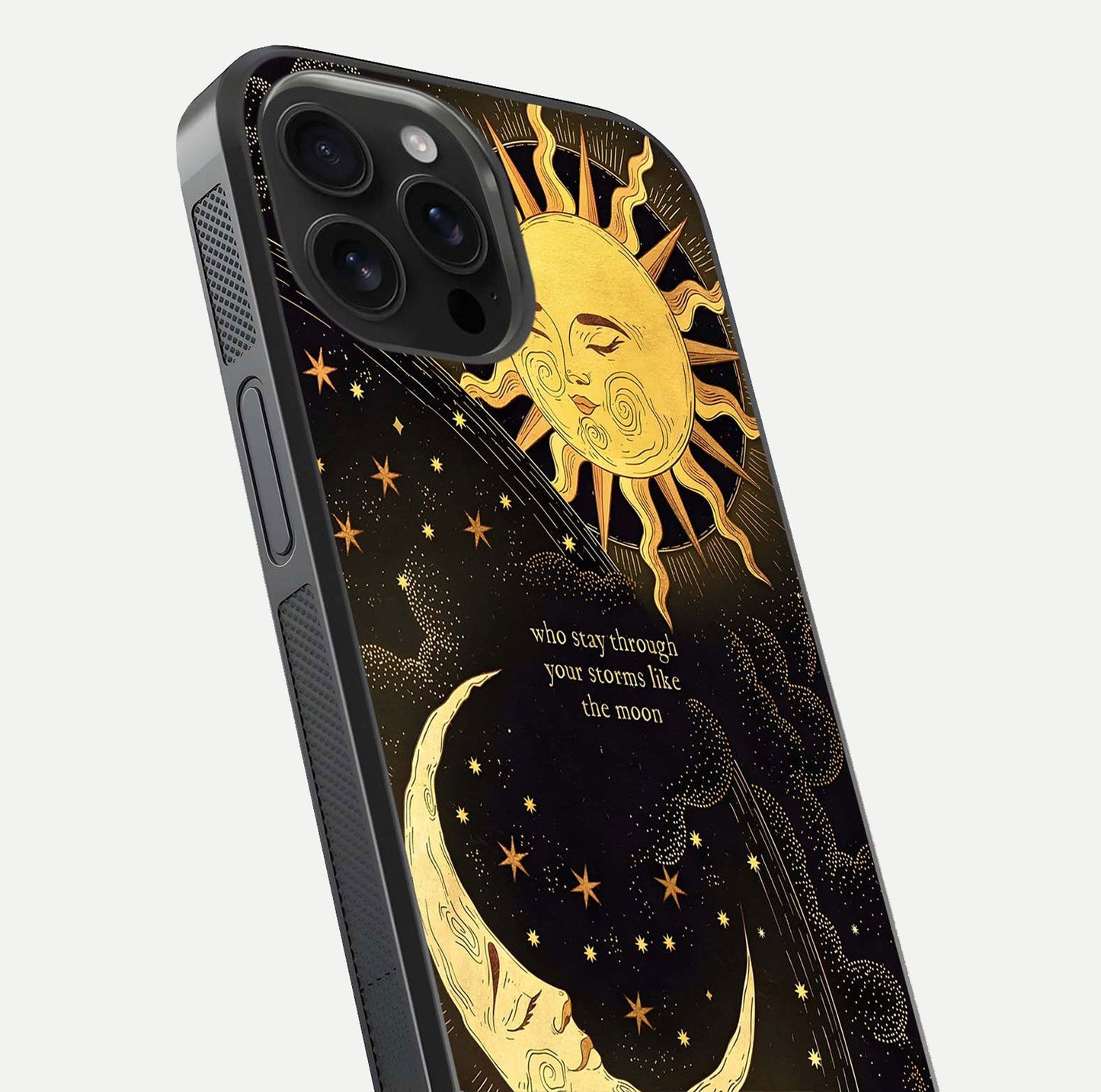Golden Lunar Love Glass Case for iPhone 16 Pro Max close-up angled shot showing moon glow, texture, and reflection polish