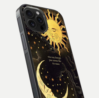 Golden Lunar Love Glass Case for iPhone 16 Pro Max close-up angled shot showing moon glow, texture, and reflection polish