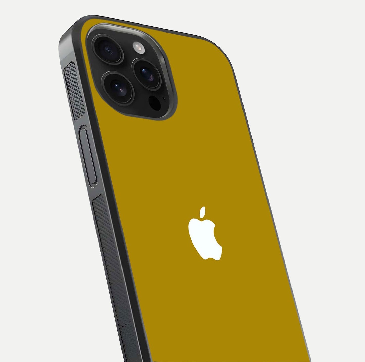 Golden Luxe Aura Glass Case for iPhone 16 Pro Max close-up angled shot showing metallic shine and light reflection
