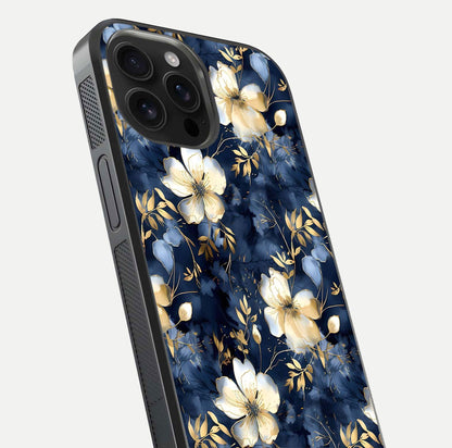 Golden Midnight Bloom Glass Case for iPhone 16 Pro Max close-up angled shot showing floral detail and reflection shine