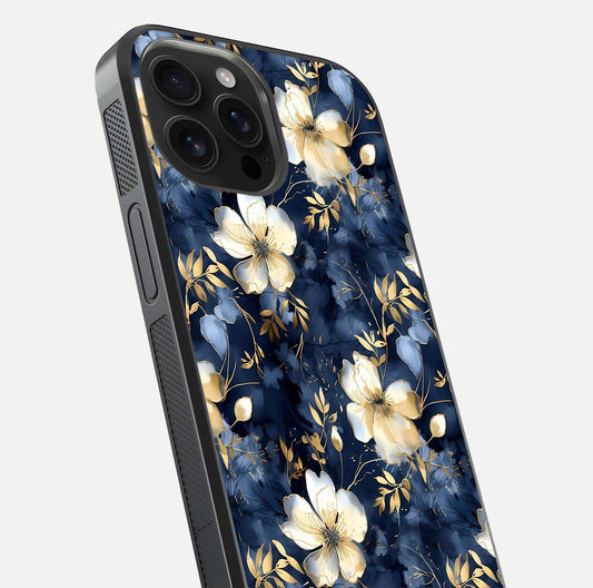 Golden Midnight Bloom Glass Case for iPhone 16 Pro Max close-up angled shot showing floral detail and reflection shine