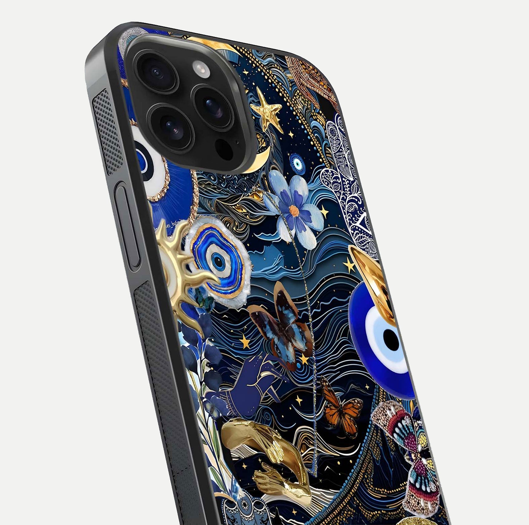 Golden Moon Magic Glass Case for iPhone 16 Pro Max close-up angled shot showing lunar glow, star detail, and reflection brightness