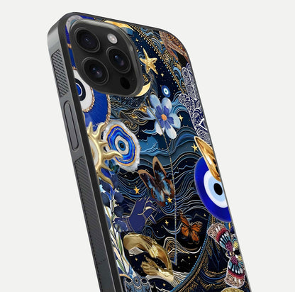 Golden Moon Magic Glass Case for iPhone 16 Pro Max close-up angled shot showing lunar glow, star detail, and reflection brightness