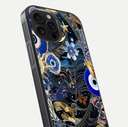 Golden Moon Magic Glass Case for iPhone 16 Pro Max close-up angled shot showing lunar glow, star detail, and reflection brightness