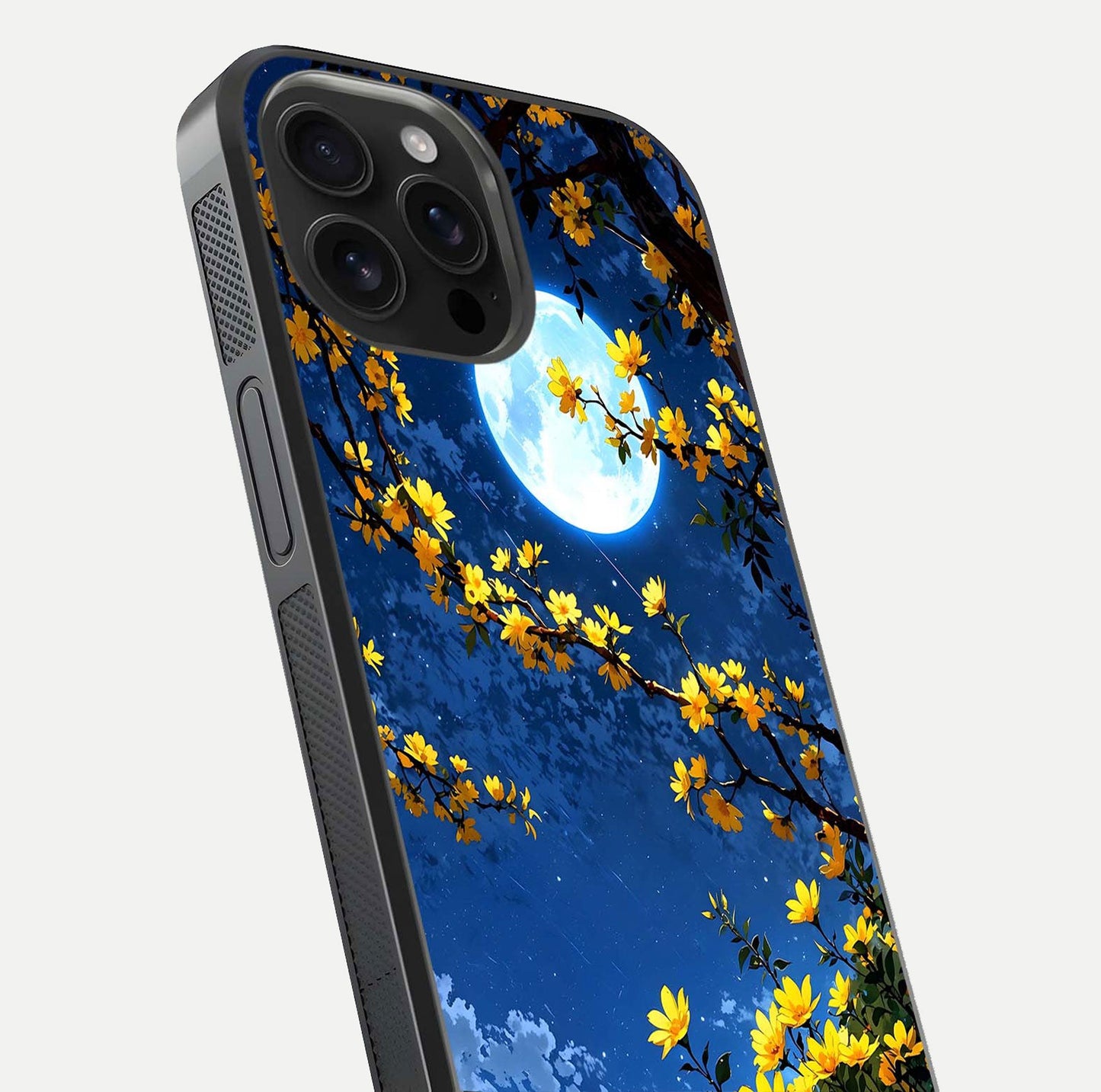 Golden Night Glow Glass Case for iPhone 16 Pro Max close-up angled shot showing shimmer texture and light reflection