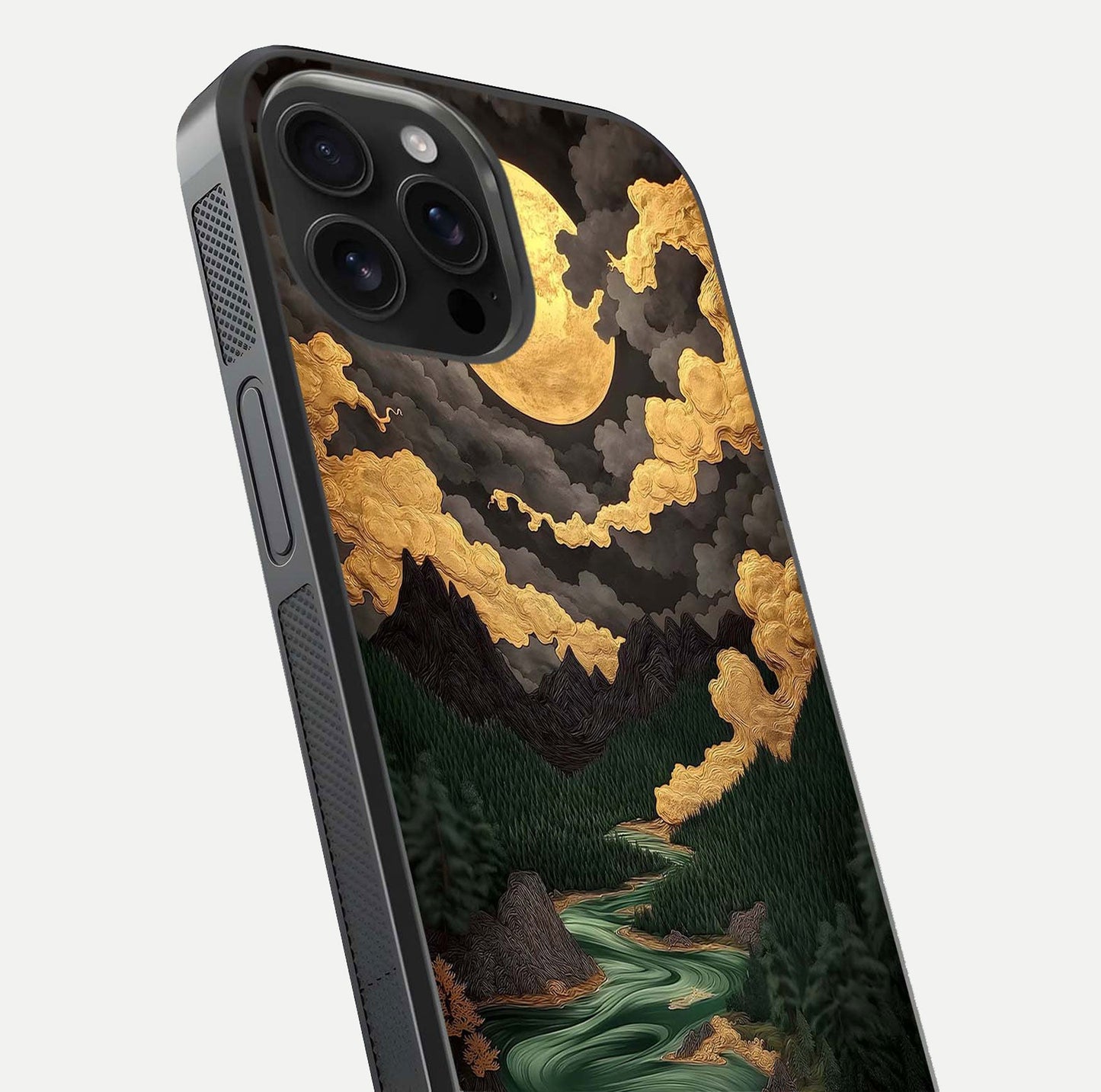 Golden River Moon Glass Case for iPhone 16 Pro Max close-up angled shot showing moon reflection and water shine