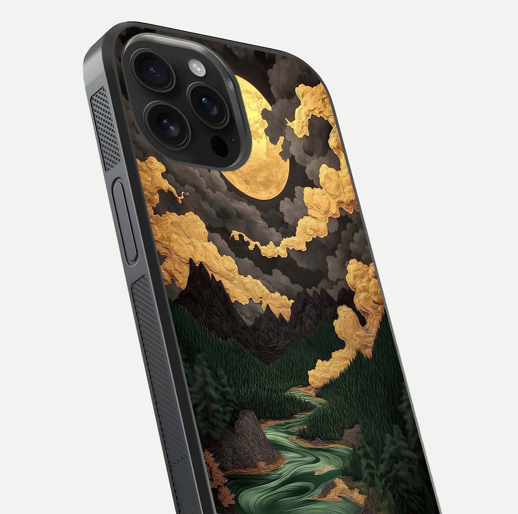 Golden River Moon Glass Case for iPhone 16 Pro Max close-up angled shot showing moon reflection and water shine