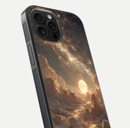 Golden Sky Dream Glass Case for iPhone 16 Pro Max close-up angled shot showing gradient tones and reflection polish