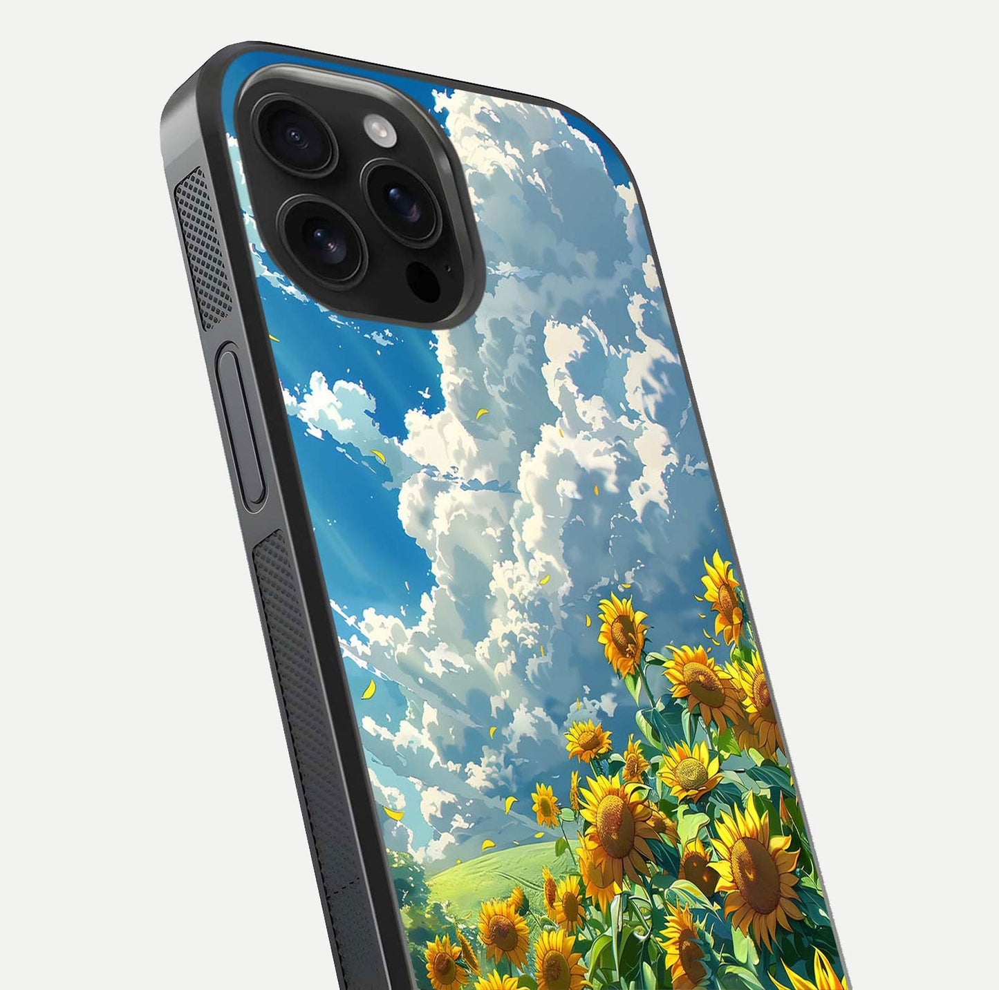 Golden Sun Glory Glass Case for iPhone 16 Pro Max close-up angled shot showing sunlight reflection and gold detailing