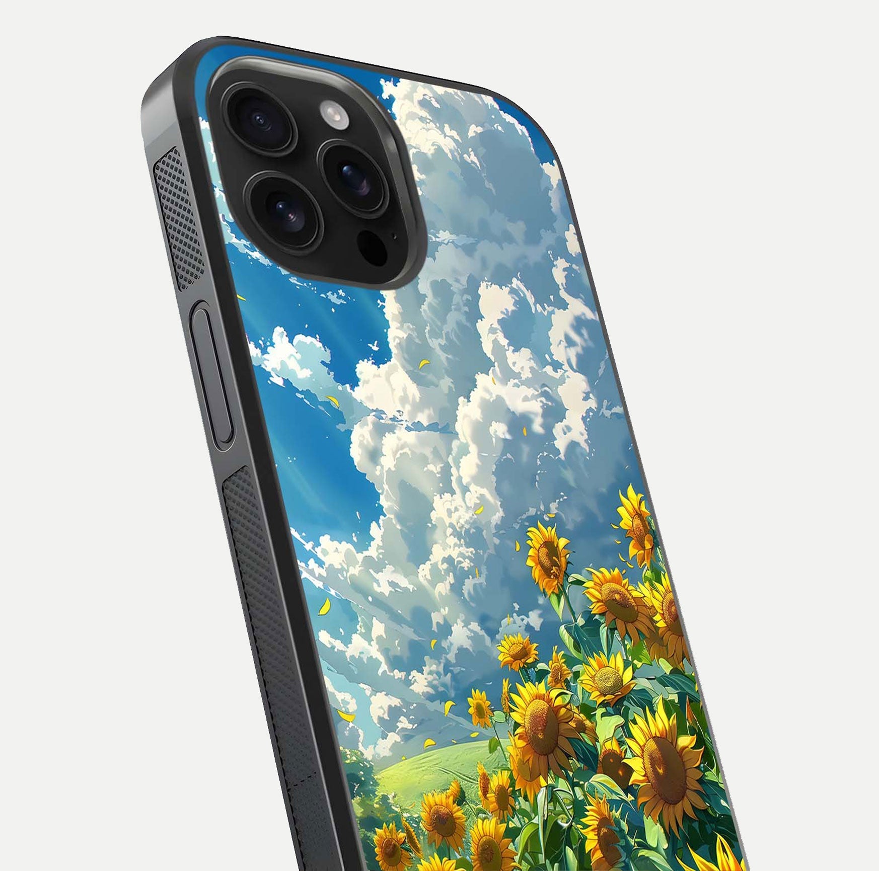 Golden Sun Glory Glass Case for iPhone 16 Pro Max close-up angled shot showing sunlight reflection and gold detailing