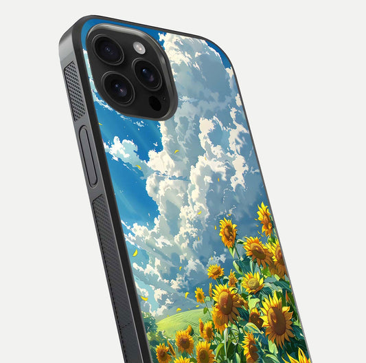 Golden Sun Glory Glass Case for iPhone 16 Pro Max close-up angled shot showing sunlight reflection and gold detailing