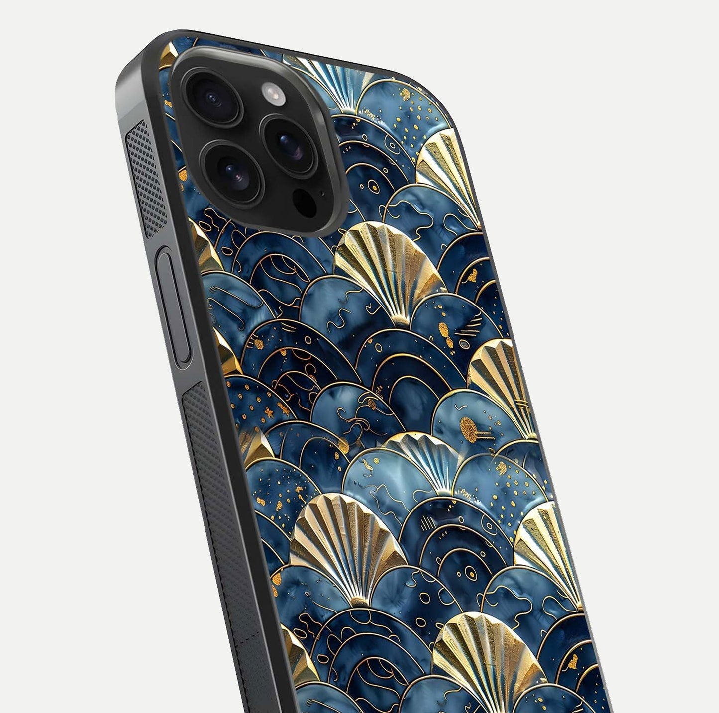 Golden Wave Luxe Glass Case for iPhone 16 Pro Max close-up angled shot showing flowing wave texture and reflection brightness