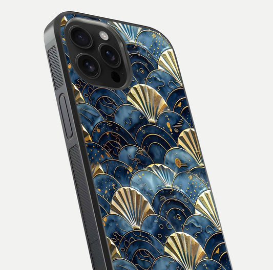 Golden Wave Luxe Glass Case for iPhone 16 Pro Max close-up angled shot showing flowing wave texture and reflection brightness