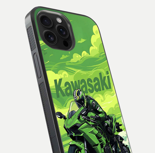 Green Kawasaki Glass Case for iPhone 16 Pro Max close-up angled shot showing sporty line details and reflection shine
