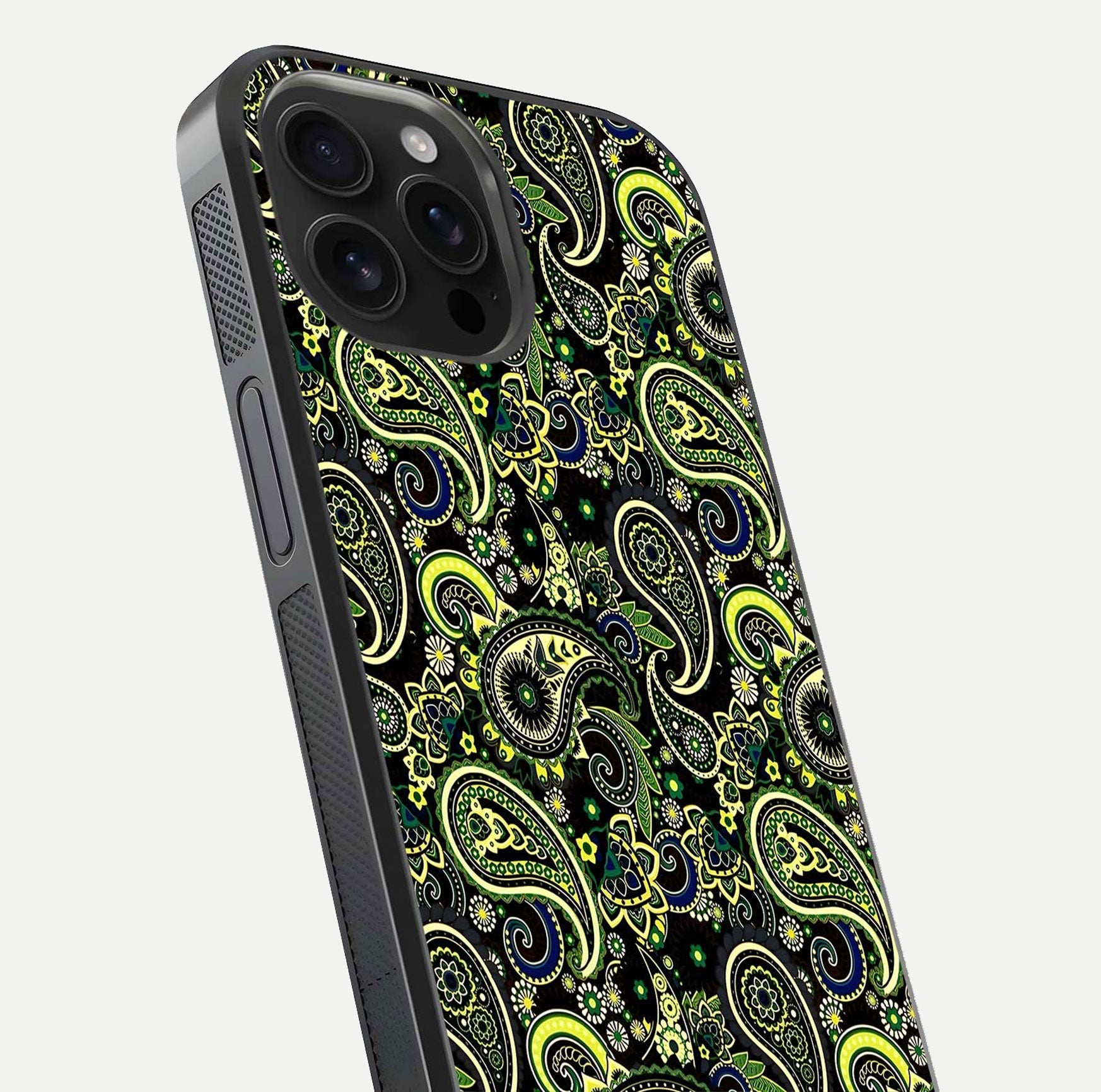 Green Mandala Pattern Glass Case for iPhone 16 Pro Max close-up angled shot showing fine detailing and gold-green reflection