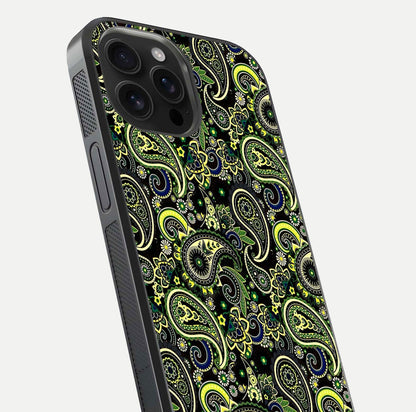 Green Mandala Pattern Glass Case for iPhone 16 Pro Max close-up angled shot showing fine detailing and gold-green reflection