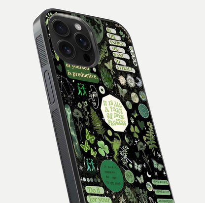 Green Moon Energy Glass Case for iPhone 16 Pro Max close-up angled shot showing glowing lunar detail and reflection shine