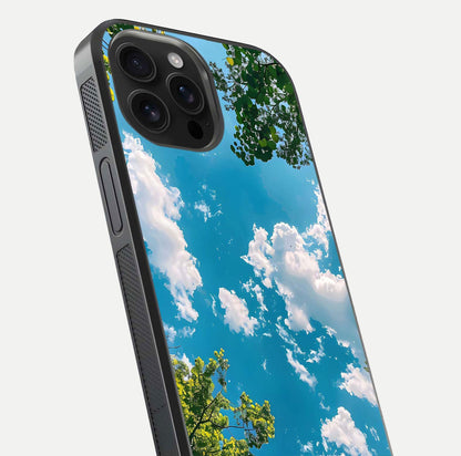 Greenery Sky Glass Case for iPhone 16 Pro Max close-up angled shot showing leafy tones and reflection brightness