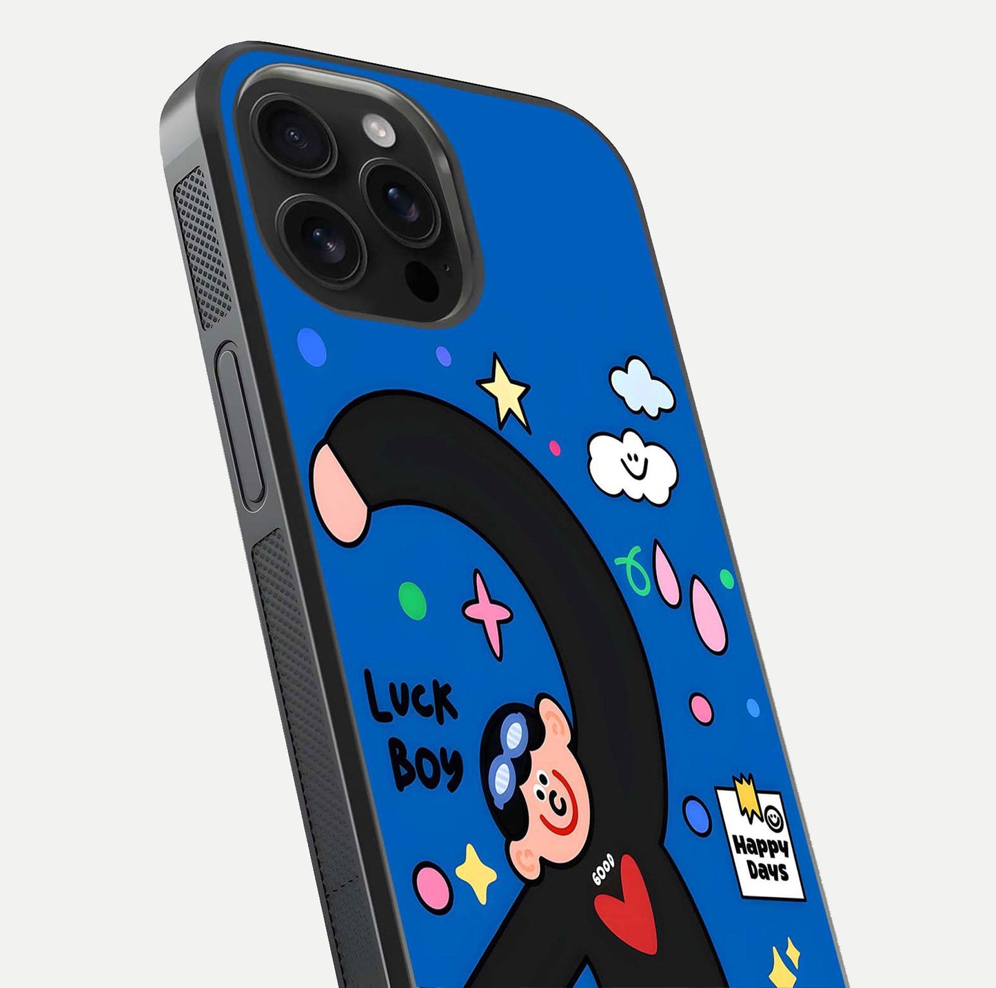 Happy Luck Vibe Glass Case for iPhone 16 Pro Max close-up angled shot showing color details and reflection shine