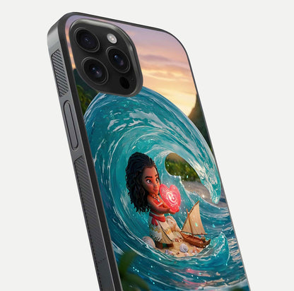 Heart of Ocean Glass Case for iPhone 16 Pro Max close-up angled shot showing blue tones and reflection shine