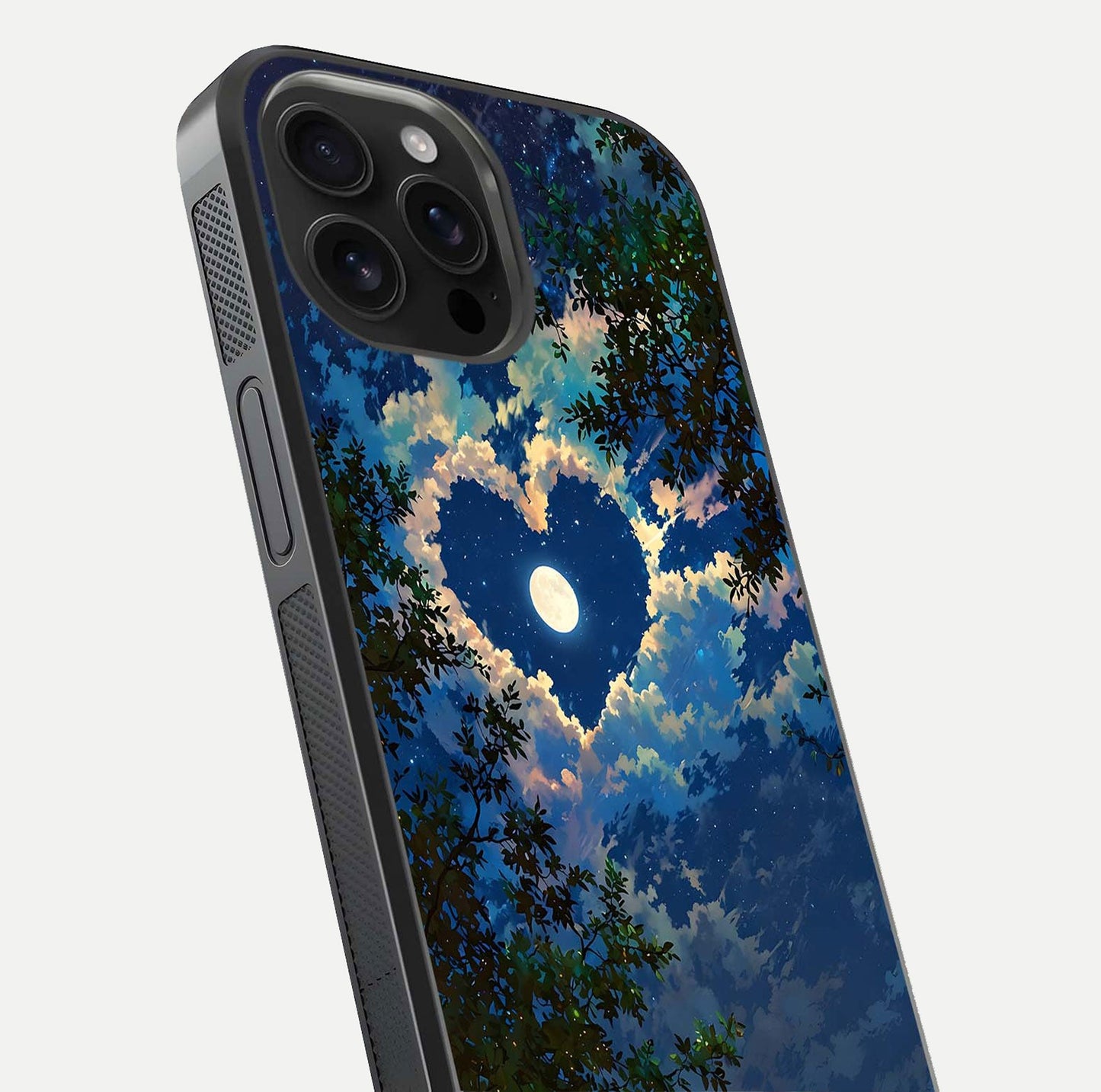 Heart with Moon Sky Glass Case for iPhone 16 Pro Max close-up angled shot showing lunar reflection and shine detail