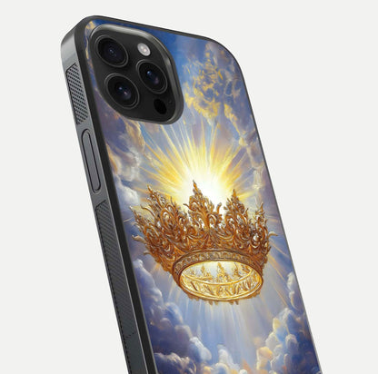 Heavenly Crown Light Glass Case for iPhone 16 Pro Max close-up angled shot showing glowing halo details and smooth reflection