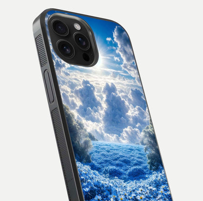 Heavenly Daisy Horizon Glass Case for iPhone 16 Pro Max close-up angled shot showing daisy petal details and light reflection