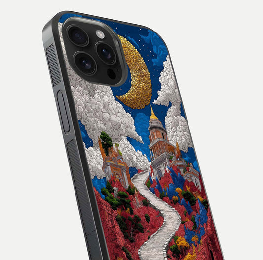 Heavenly Moon Path Glass Case for iPhone 16 Pro Max close-up angled shot showing moon reflection and shimmer texture