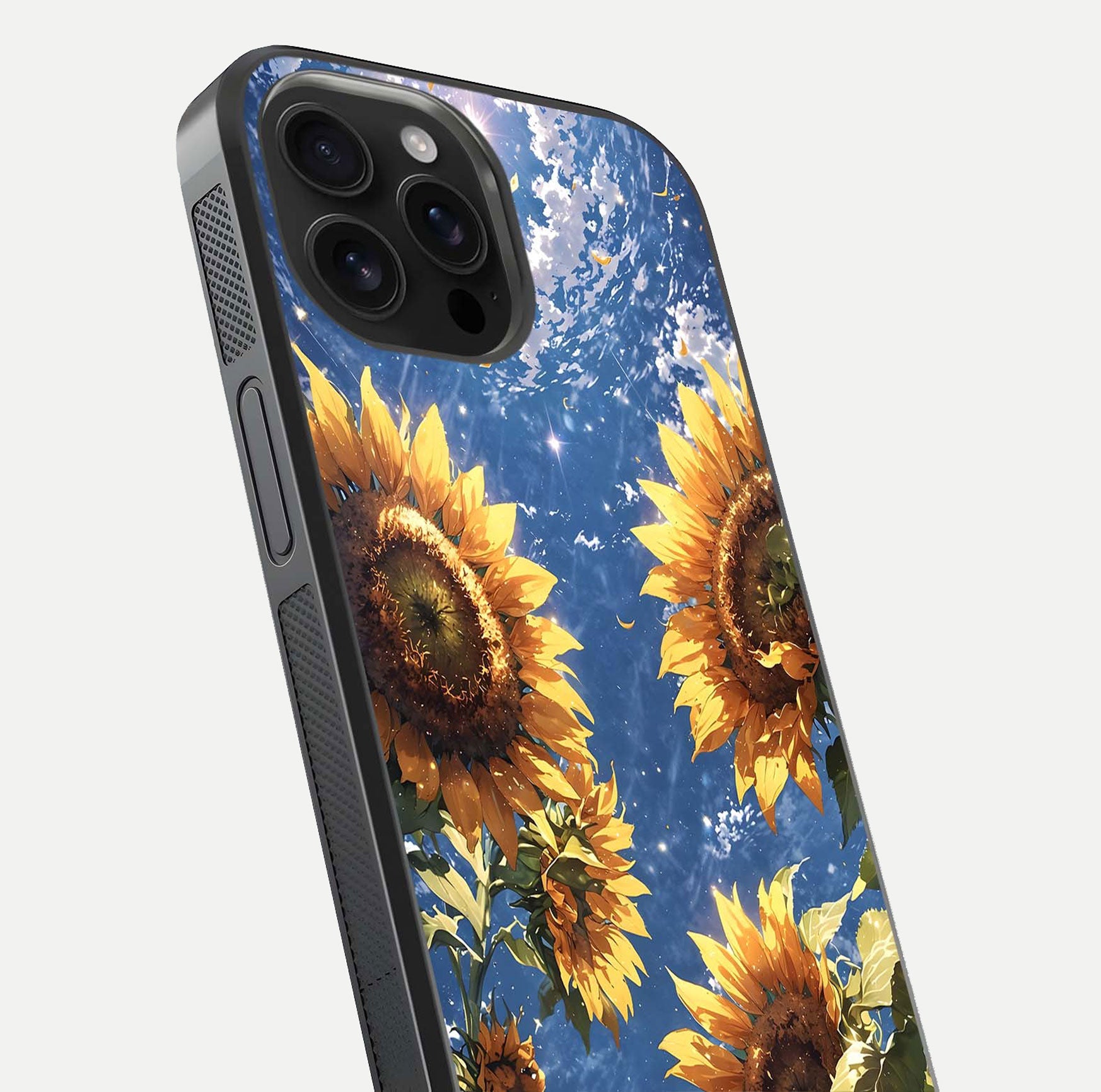 Heavenly Sunflower Rise Glass Case for iPhone 16 Pro Max close-up angled shot showing sunflower texture and reflection polish