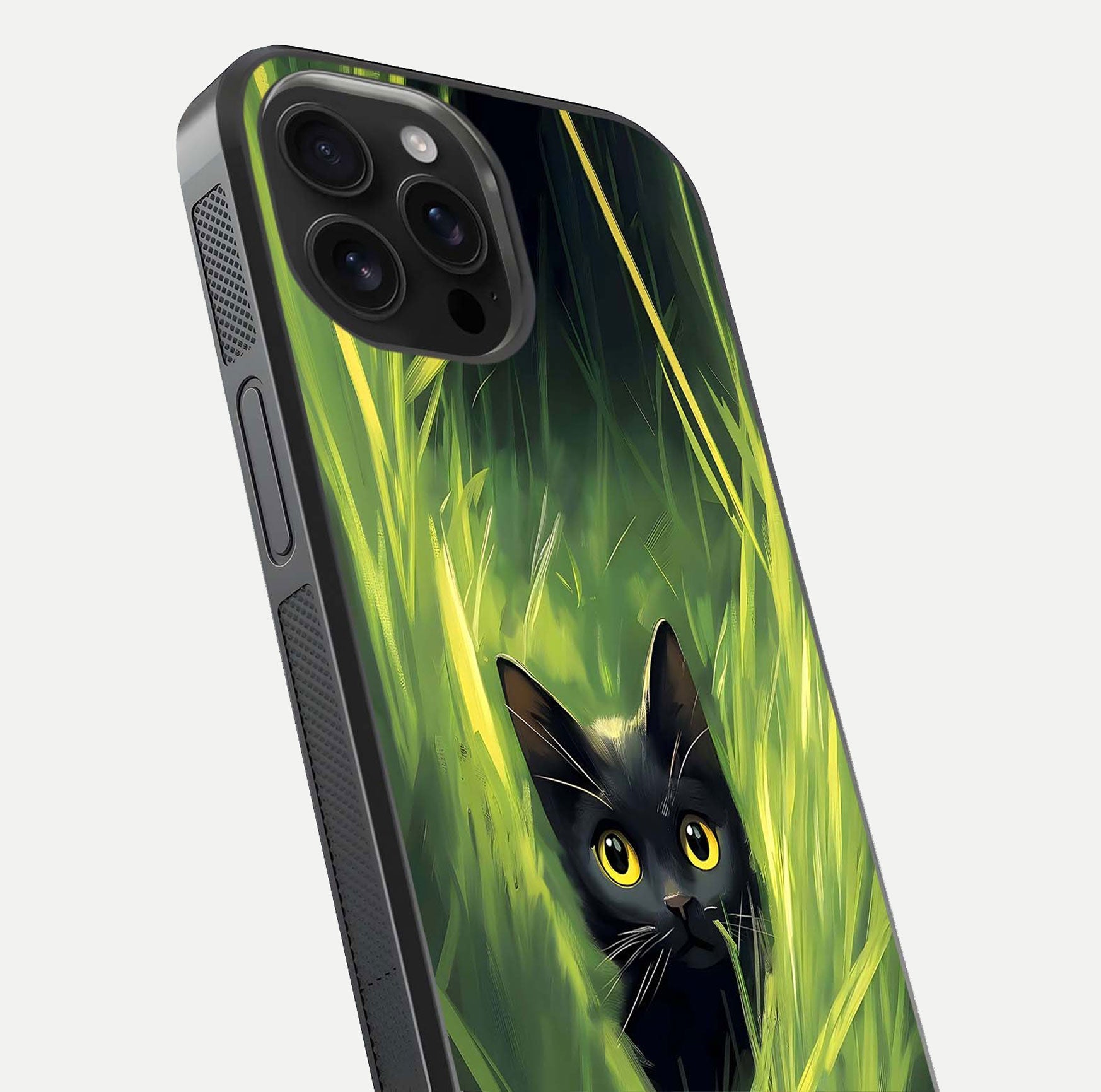 Hidden Cat Whisper Glass Case for iPhone 16 Pro Max close-up angled shot showing feline details and reflection polish