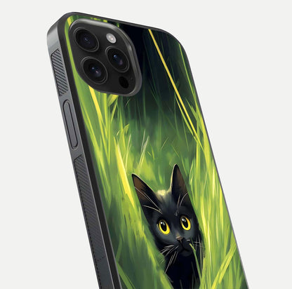 Hidden Cat Whisper Glass Case for iPhone 16 Pro Max close-up angled shot showing feline details and reflection polish
