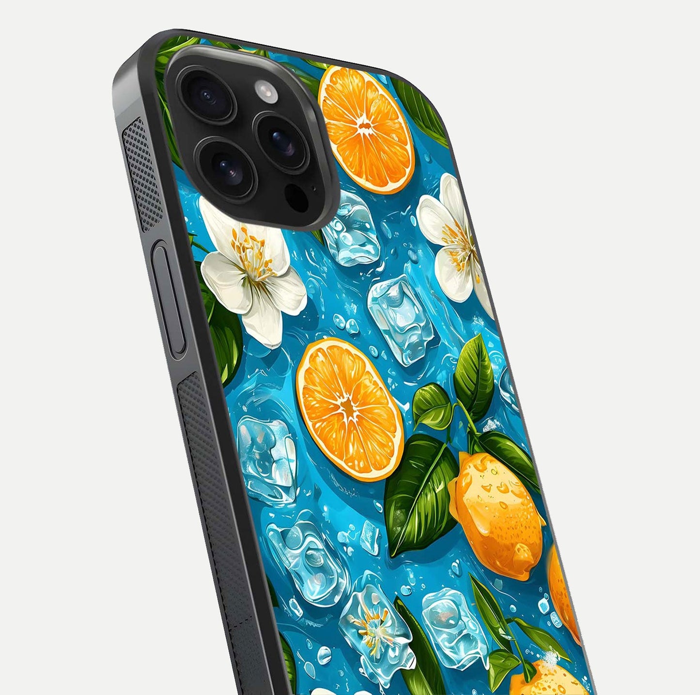 Ice Cube With Orange Glass Case for iPhone 16 Pro Max close-up angled shot showing orange slices and ice reflections
