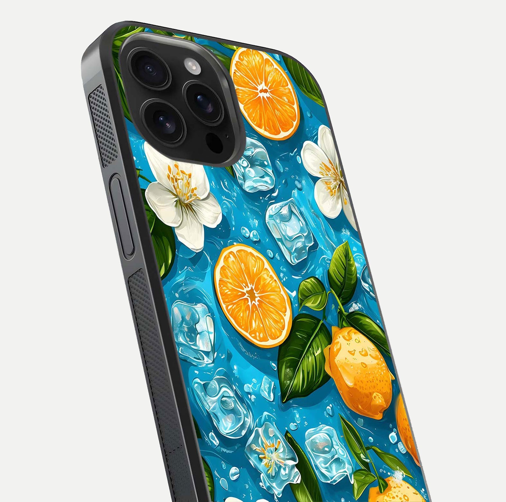 Ice Cube With Orange Glass Case for iPhone 16 Pro Max close-up angled shot showing orange slices and ice reflections