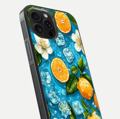 Ice Cube With Orange Glass Case for iPhone 16 Pro Max close-up angled shot showing orange slices and ice reflections