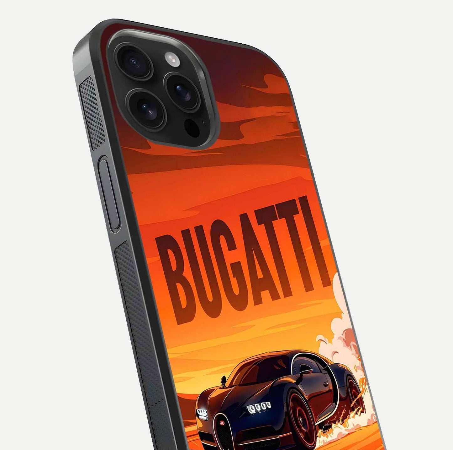 Inferno Bugatti Storm Glass Case for iPhone 16 Pro Max close-up angled shot showing flame details and reflection shine