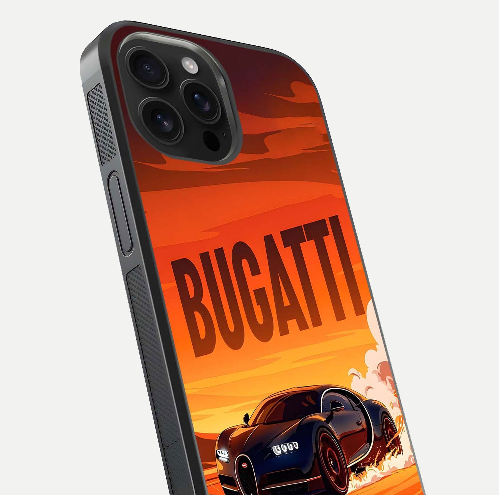 Inferno Bugatti Storm Glass Case for iPhone 16 Pro Max close-up angled shot showing flame details and reflection shine