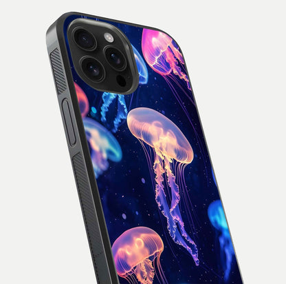 Jellyfish Pattern Glass Case for iPhone 16 Pro Max close-up angled shot showing translucent tentacles and light reflection