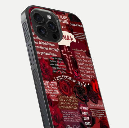 Jesus Love Heals Glass Case for iPhone 16 Pro Max close-up angled shot showing healing text, cross detailing, and reflection