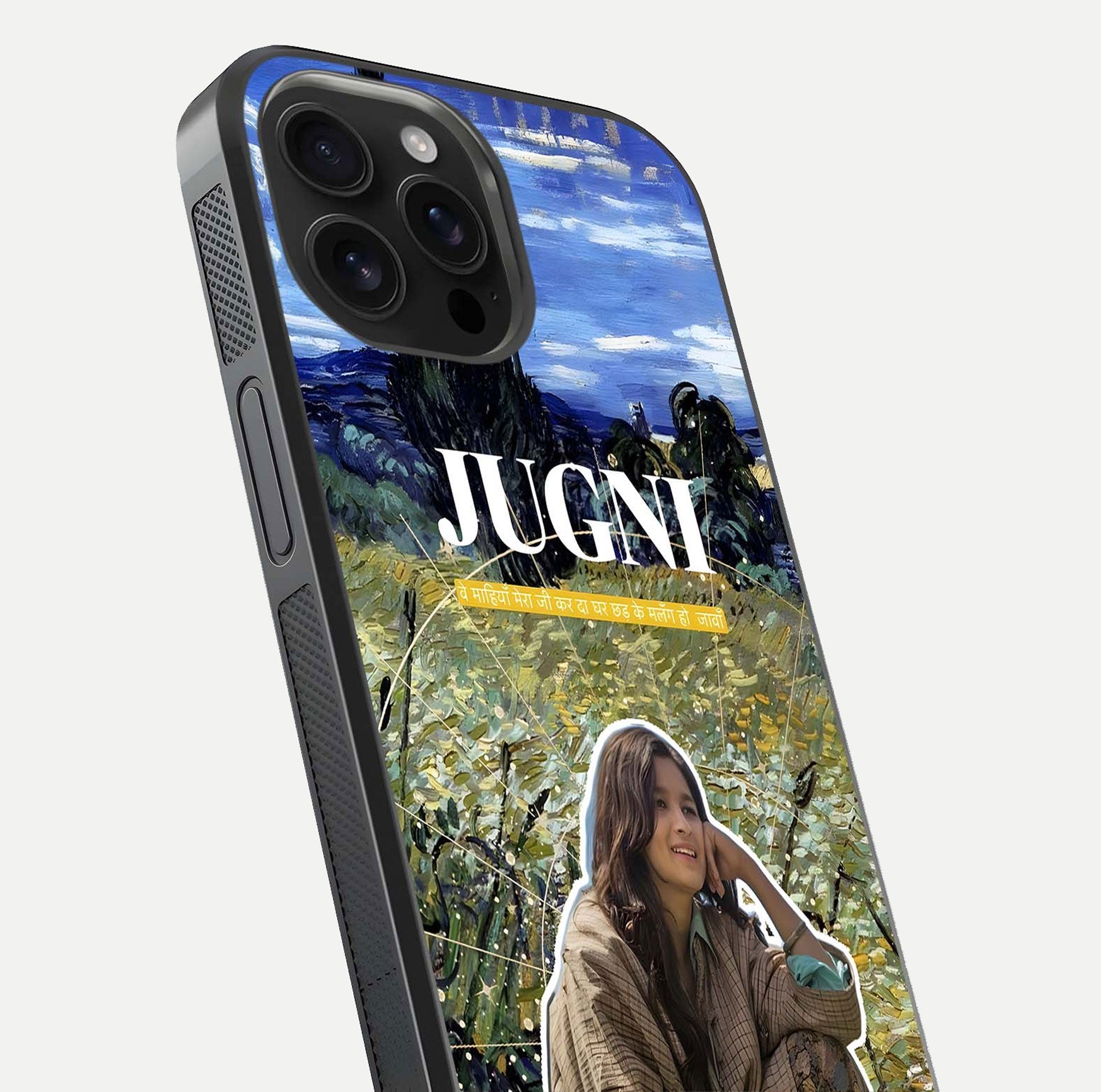 Jugni Soul Vibes Glass Case for iPhone 16 Pro Max close-up angled shot showing typography detail and vibrant gloss reflection