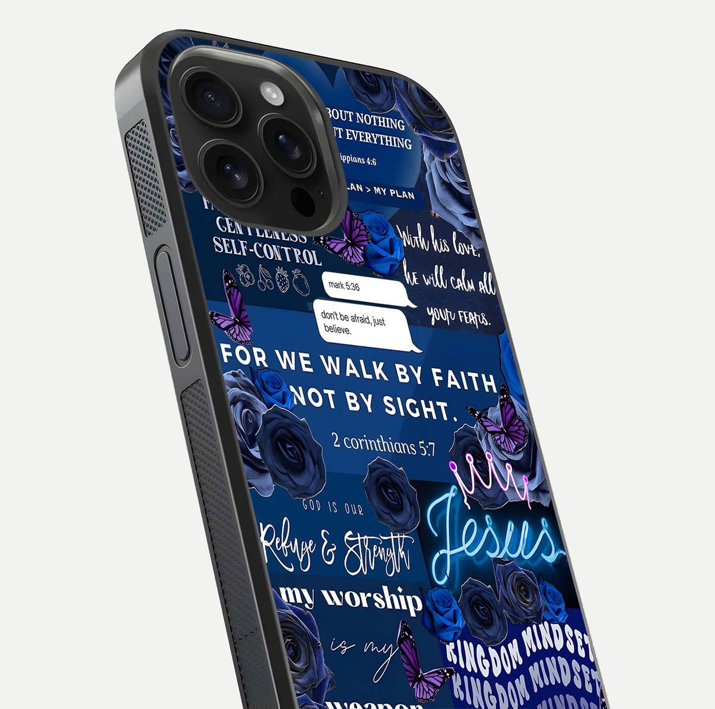 Kingdom Faith Glow Glass Case for iPhone 16 Pro Max close-up angled shot showing luminous text and divine reflection