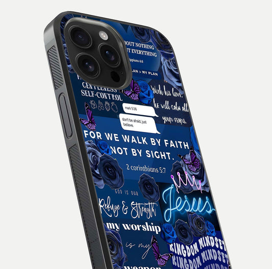 Kingdom Faith Glow Glass Case for iPhone 16 Pro Max close-up angled shot showing luminous text and divine reflection