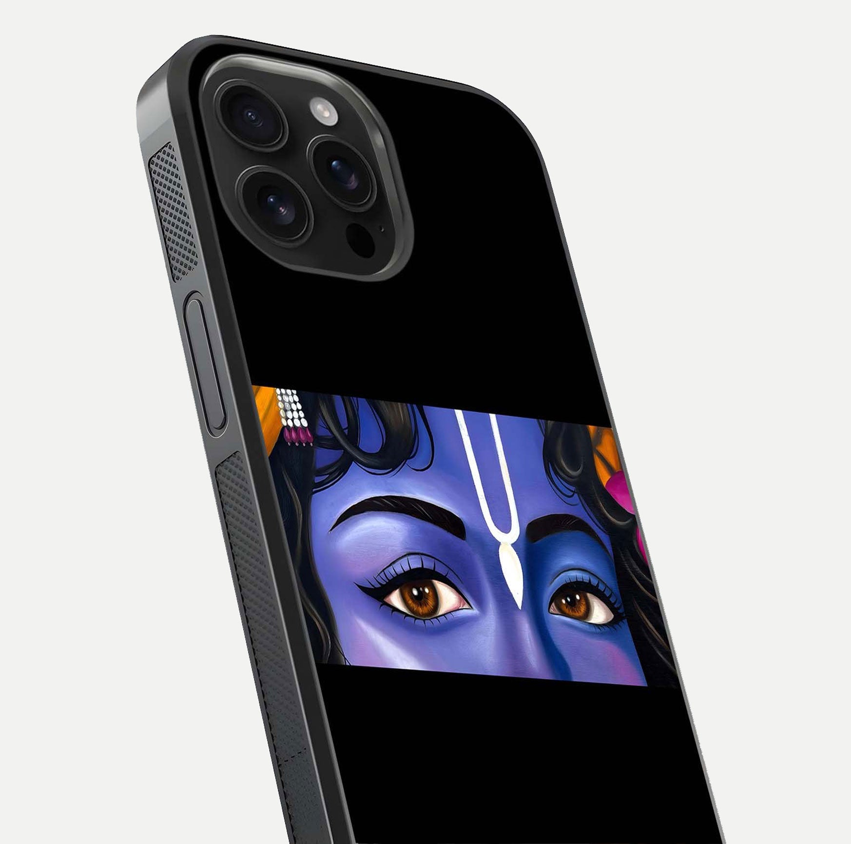 Krishna Eye Glass Case for iPhone 16 Pro Max close-up angled shot showing intricate artwork and reflection shine
