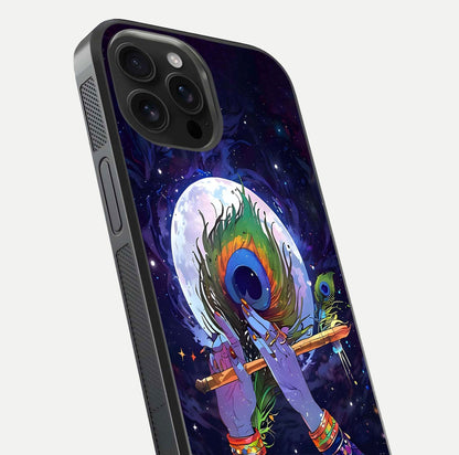 Krishna Hands Art Glass Case for iPhone 16 Pro Max close-up angled shot showing detailed hand design and shine