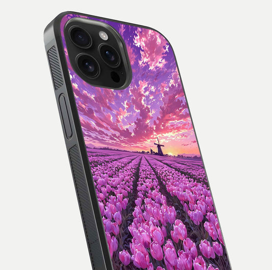 Lavender Dream Skies Glass Case for iPhone 16 Pro Max close-up angled shot showing purple hues and soft reflection