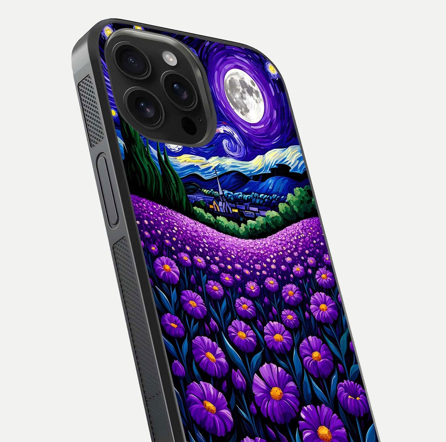 Lavender Moon Field Glass Case for iPhone 16 Pro Max close-up angled shot showing moon glow and purple detailing